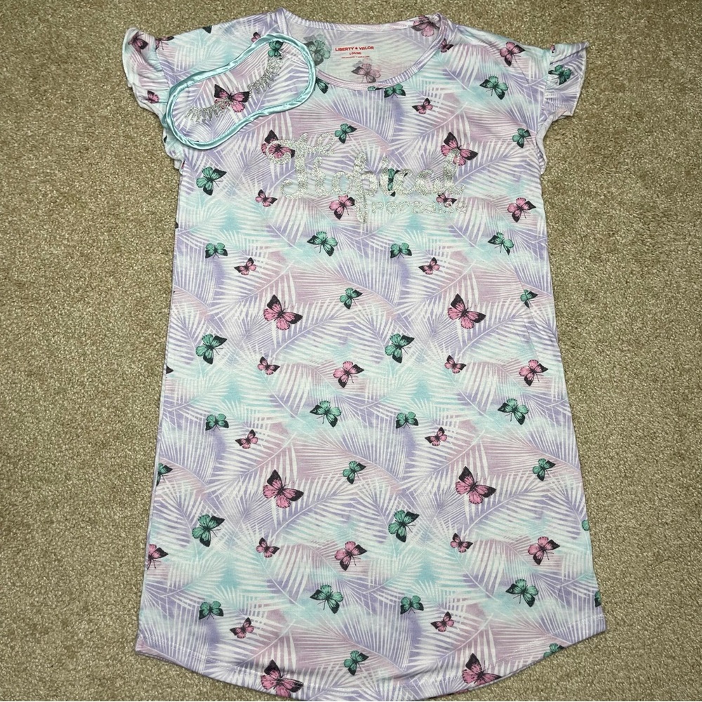 Girls Liberty*Valor Tropical Butterfly Nightgown w/ Sleep Mask Youth Size 14/16